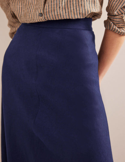 Bias Linen Midi Skirt-Navy-2