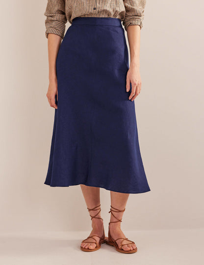 Bias Linen Midi Skirt-Navy-5