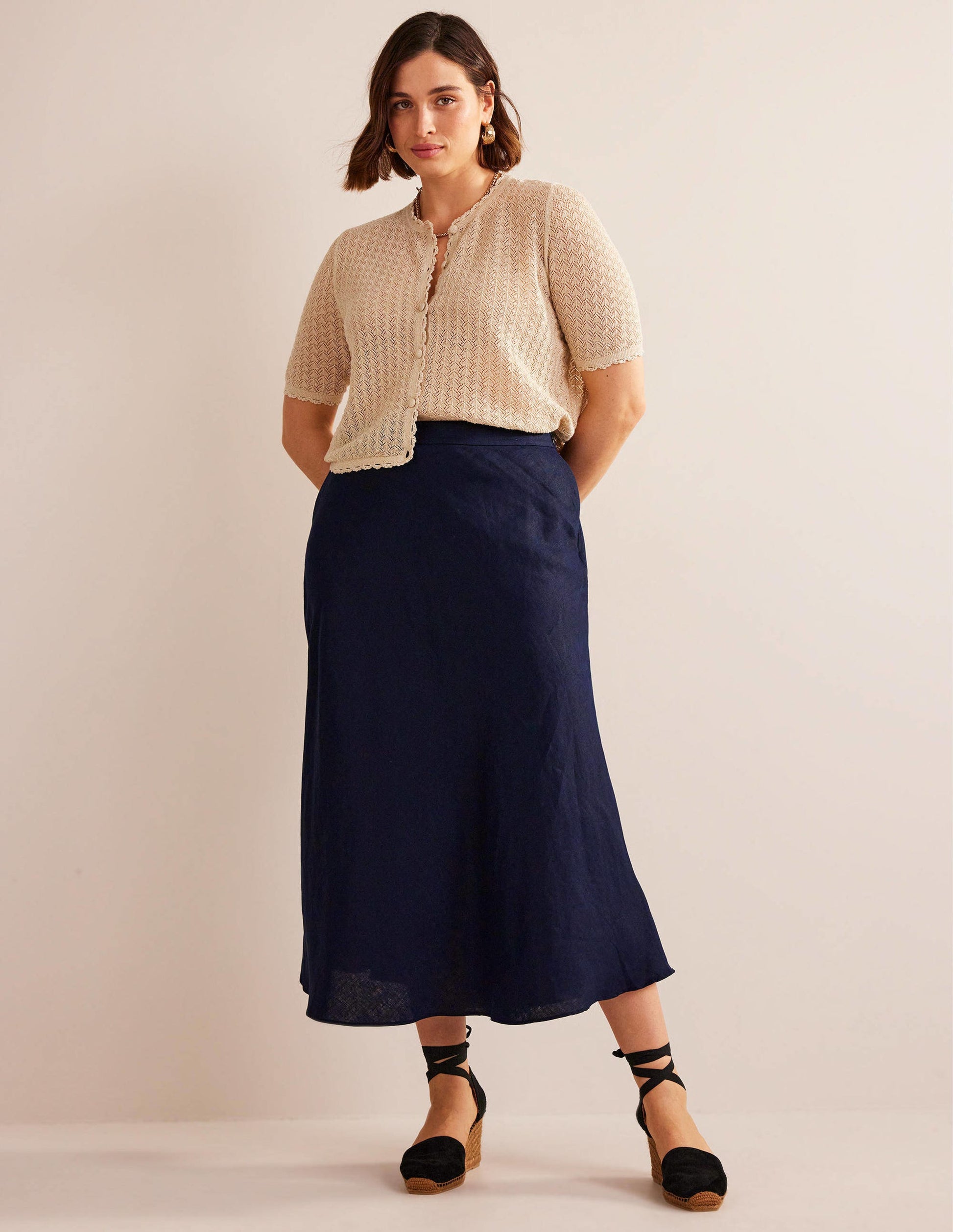 Bias Linen Midi Skirt-Navy-6