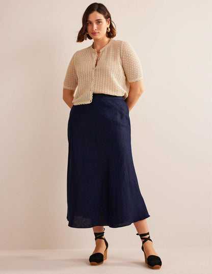 Bias Linen Midi Skirt-Navy-6