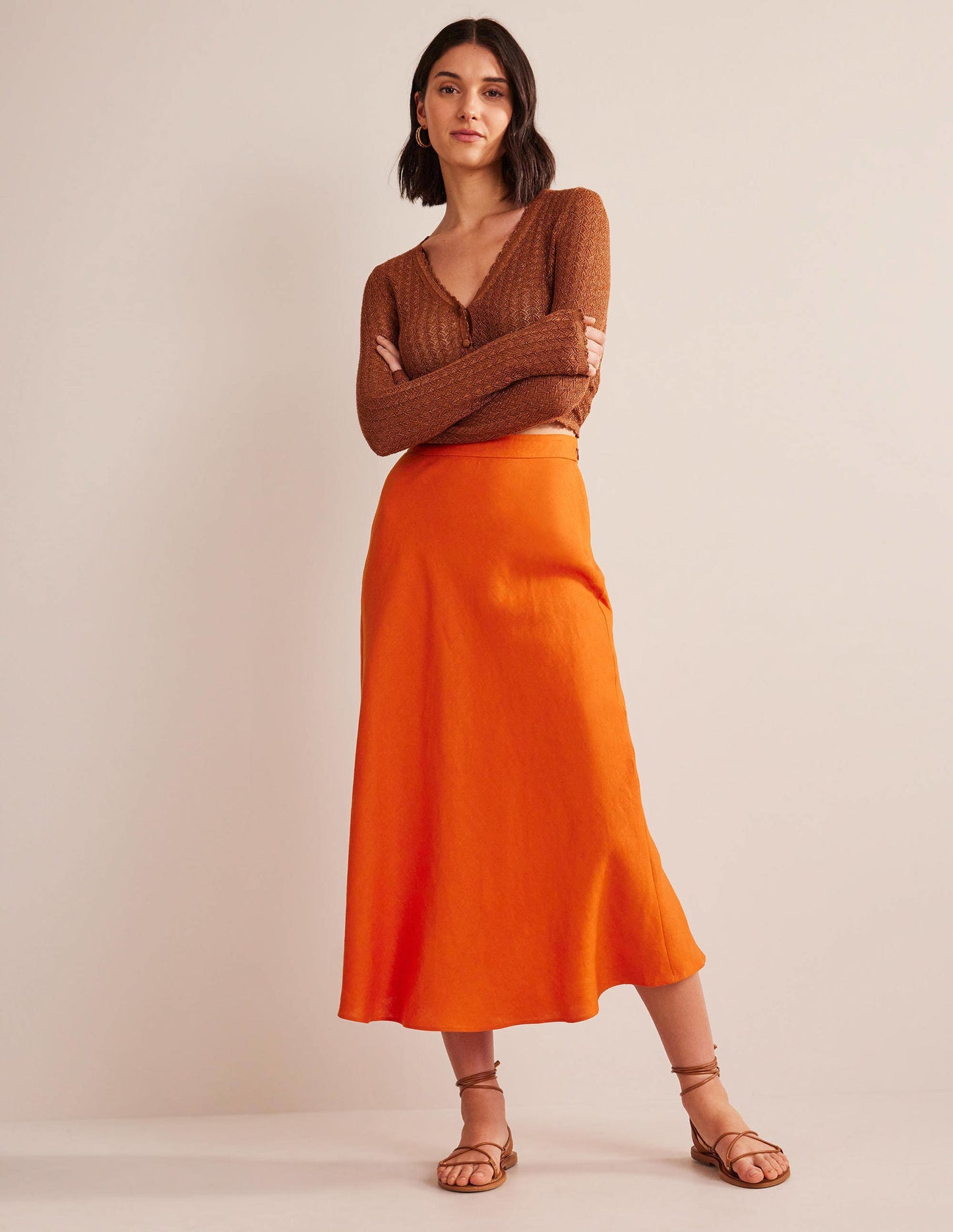 Bias Linen Midi Skirt-KUMQUAT