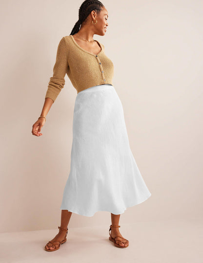 Bias Linen Midi Skirt-White-1