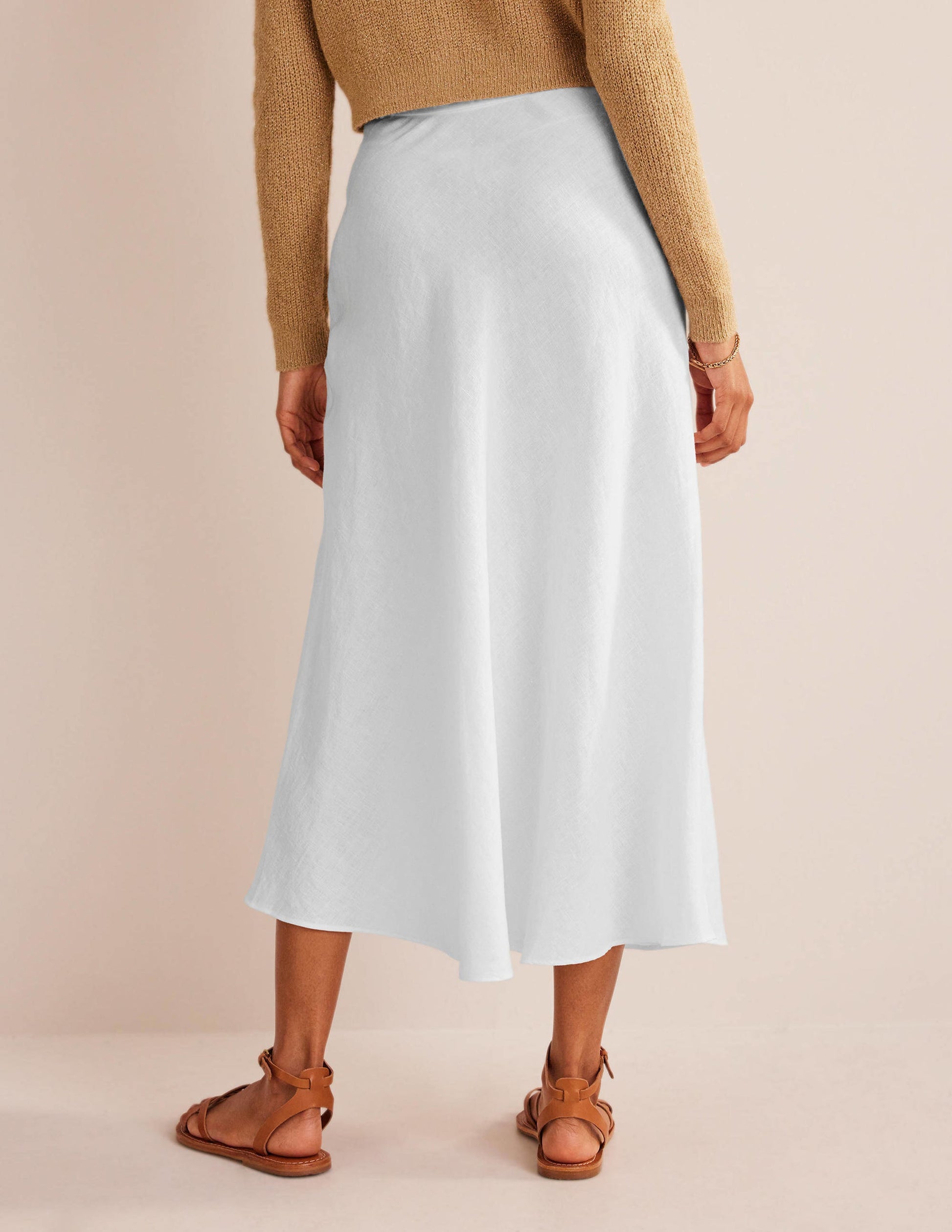 Bias Linen Midi Skirt-White-3