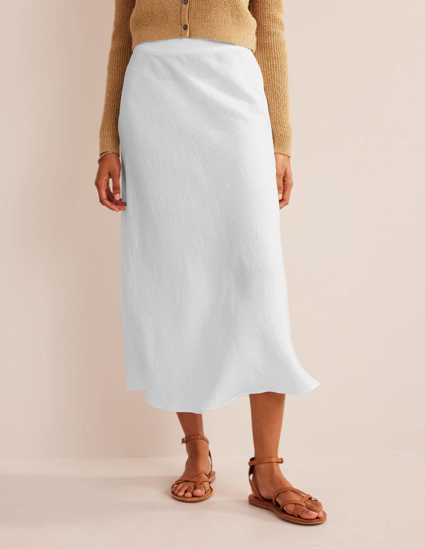 Bias Linen Midi Skirt-White