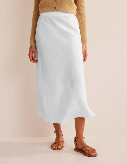 Bias Linen Midi Skirt-White-4