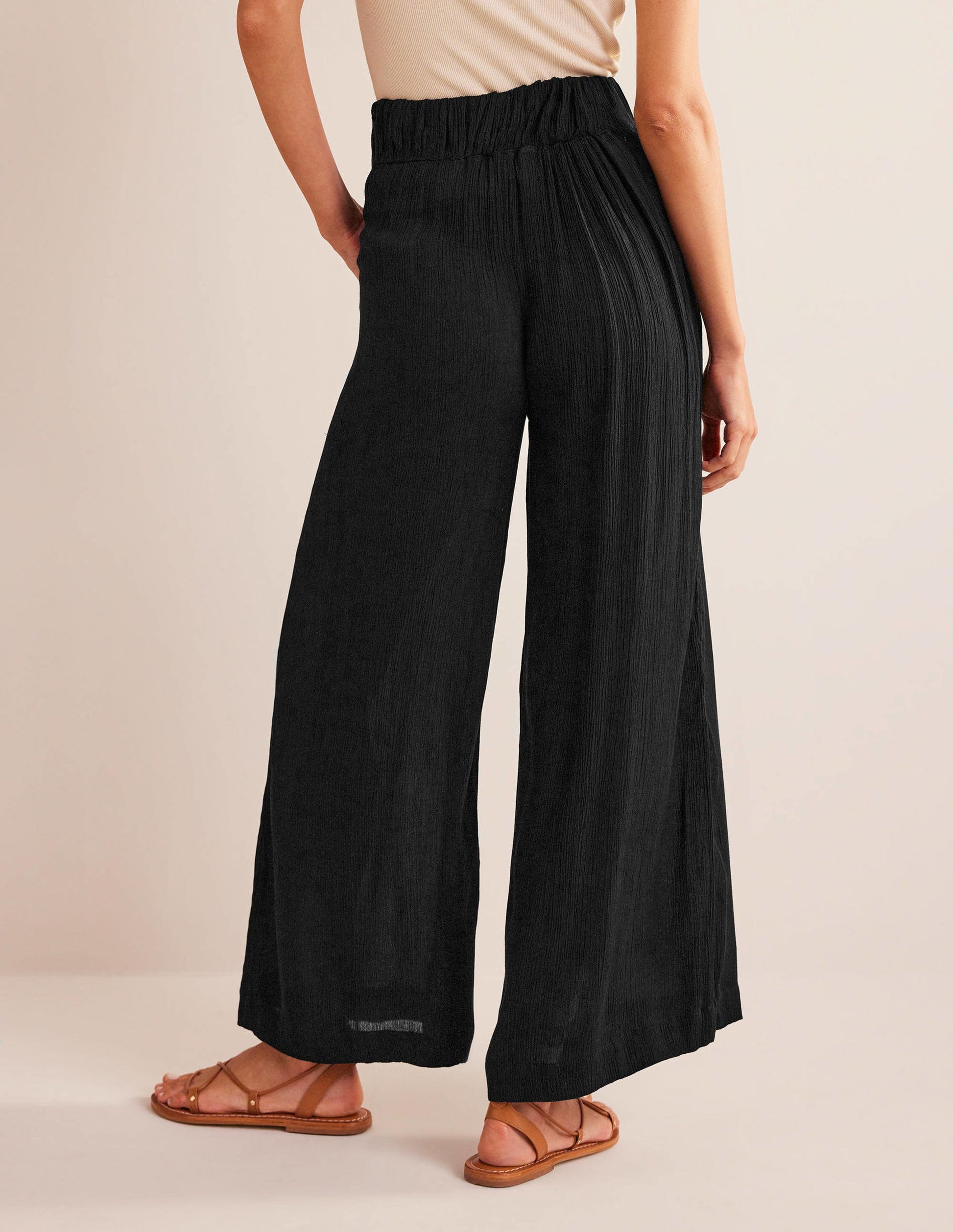 Crinkle Wide Leg Trousers-Black-3
