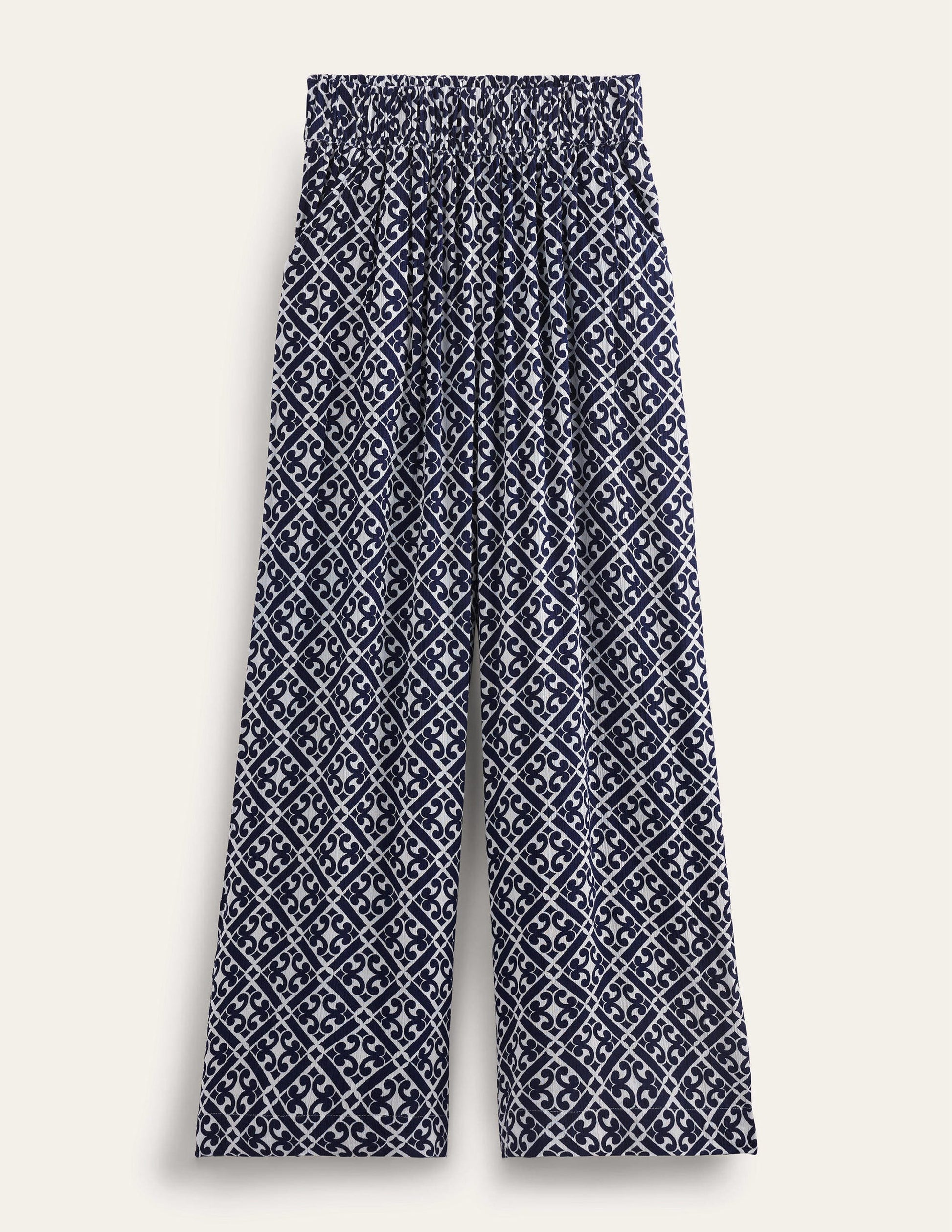 Crinkle Wide Leg Trousers-Prussian Blue, Tranquil Geo-6