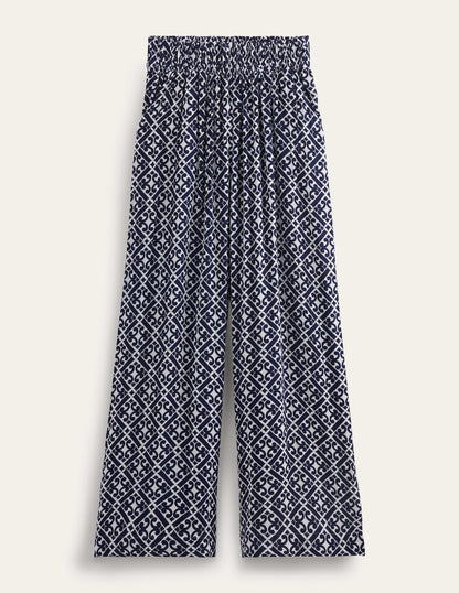 Crinkle Wide Leg Trousers-Prussian Blue, Tranquil Geo-6
