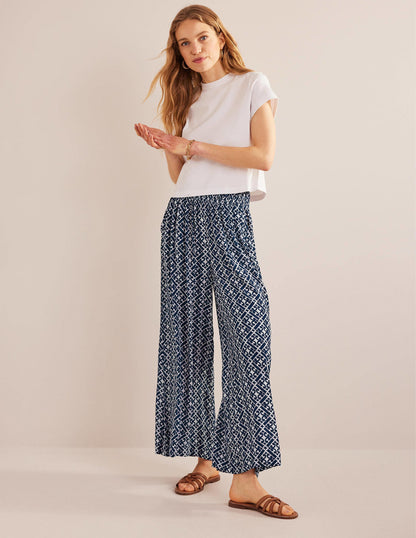 Crinkle Wide Leg Trousers-Prussian Blue, Tranquil Geo-1