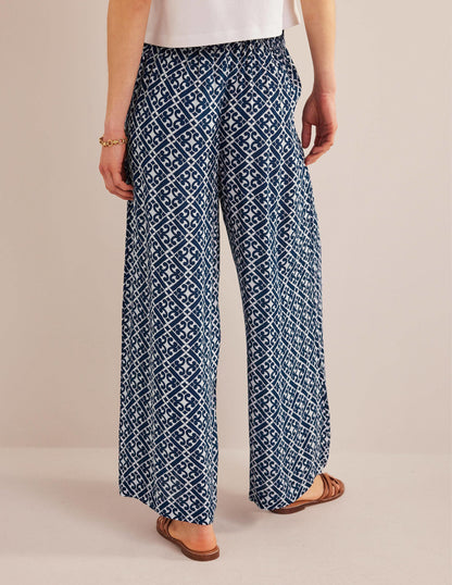 Crinkle Wide Leg Trousers-Prussian Blue, Tranquil Geo-3