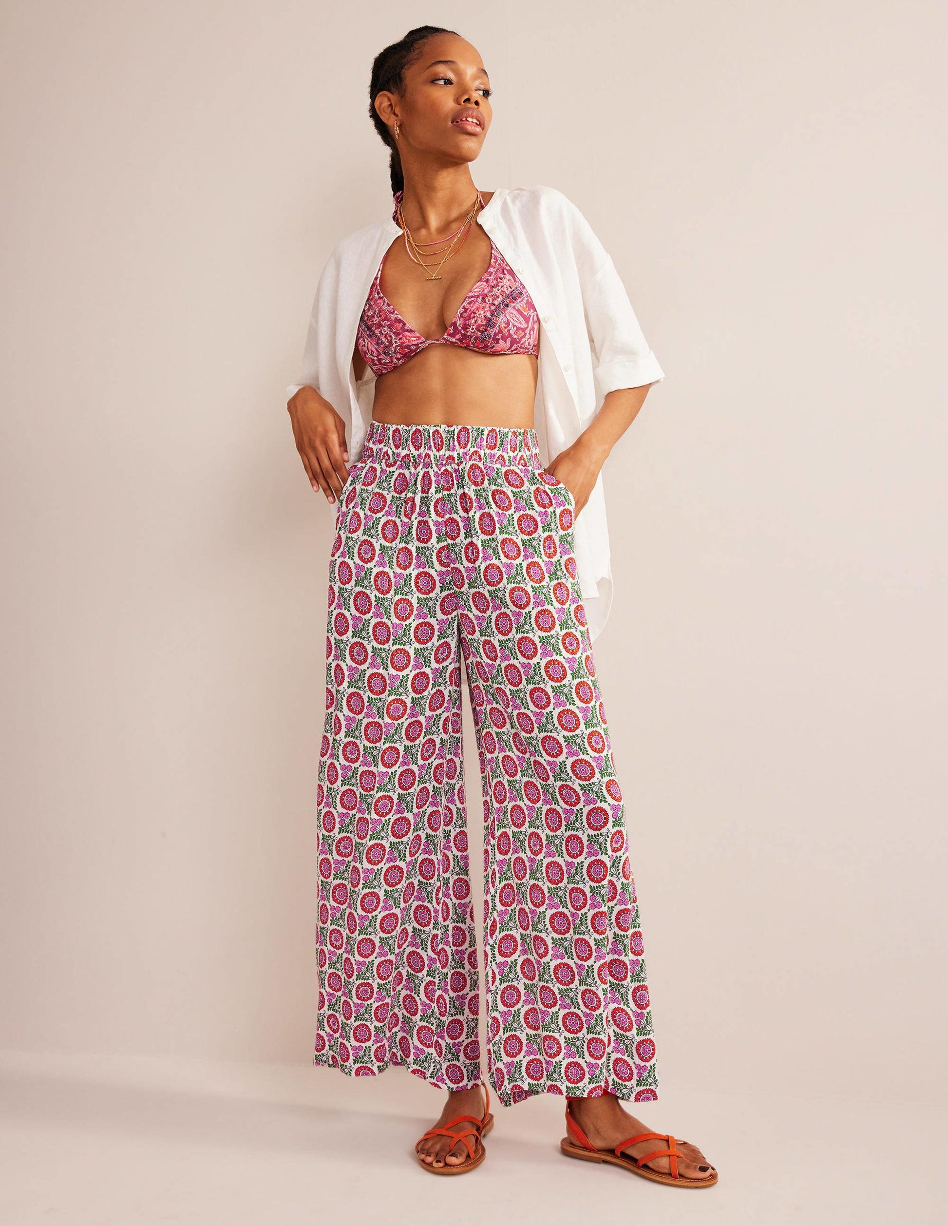 Crinkle Wide Leg Trousers-Gin Fizz, Sunflower Sprig-1