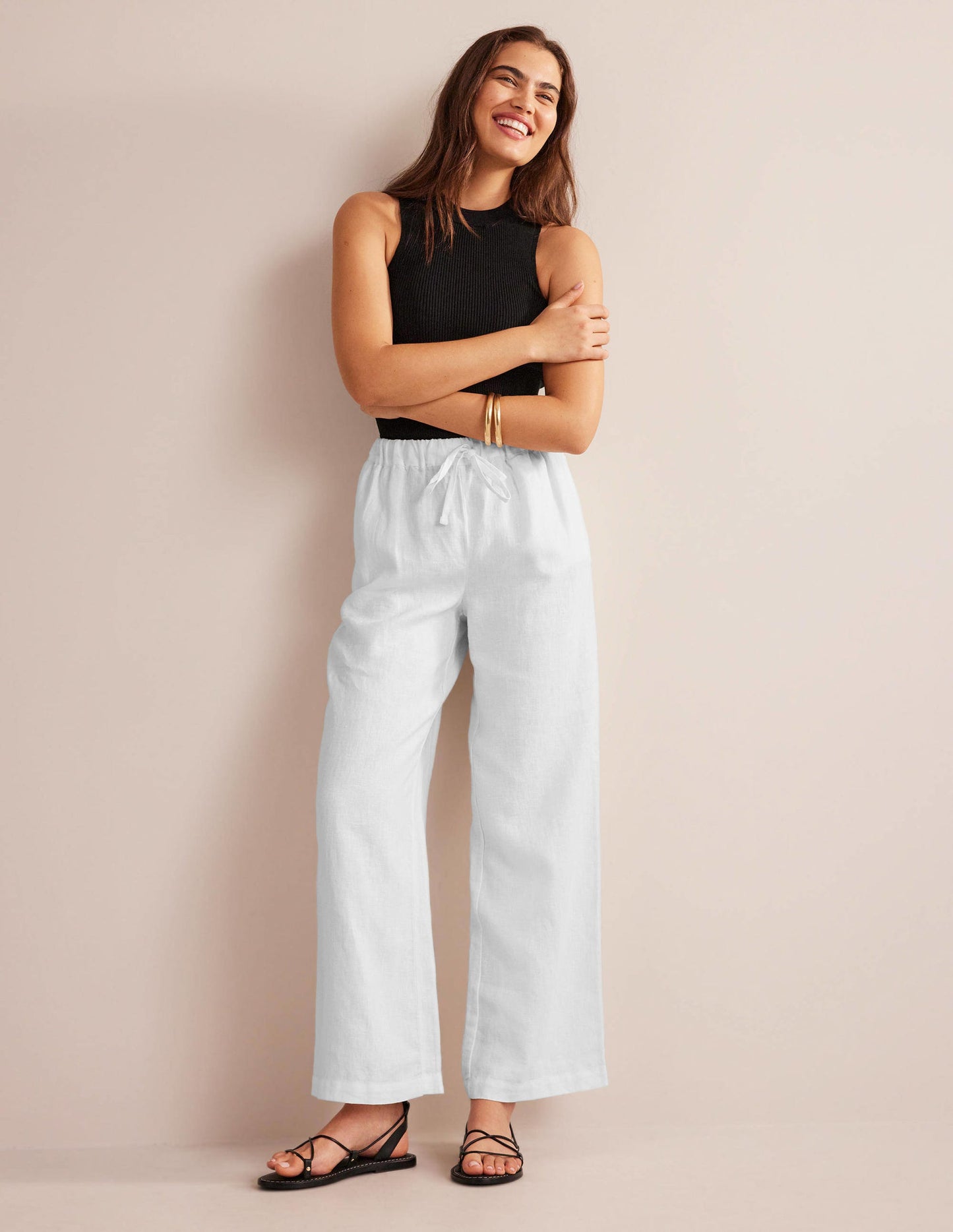 Relaxed Pull-on Linen Trousers-White