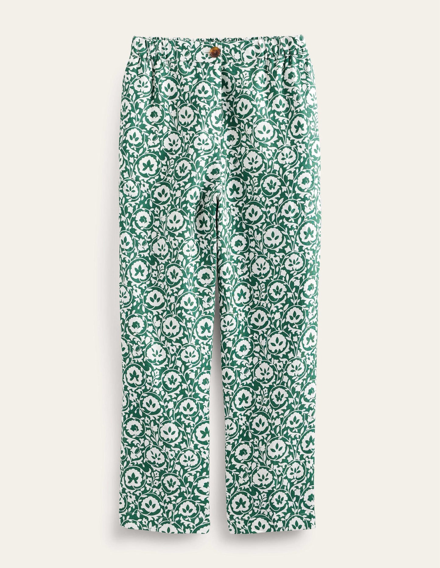Pull-on Linen Trousers-Green, Enchanting Bloom