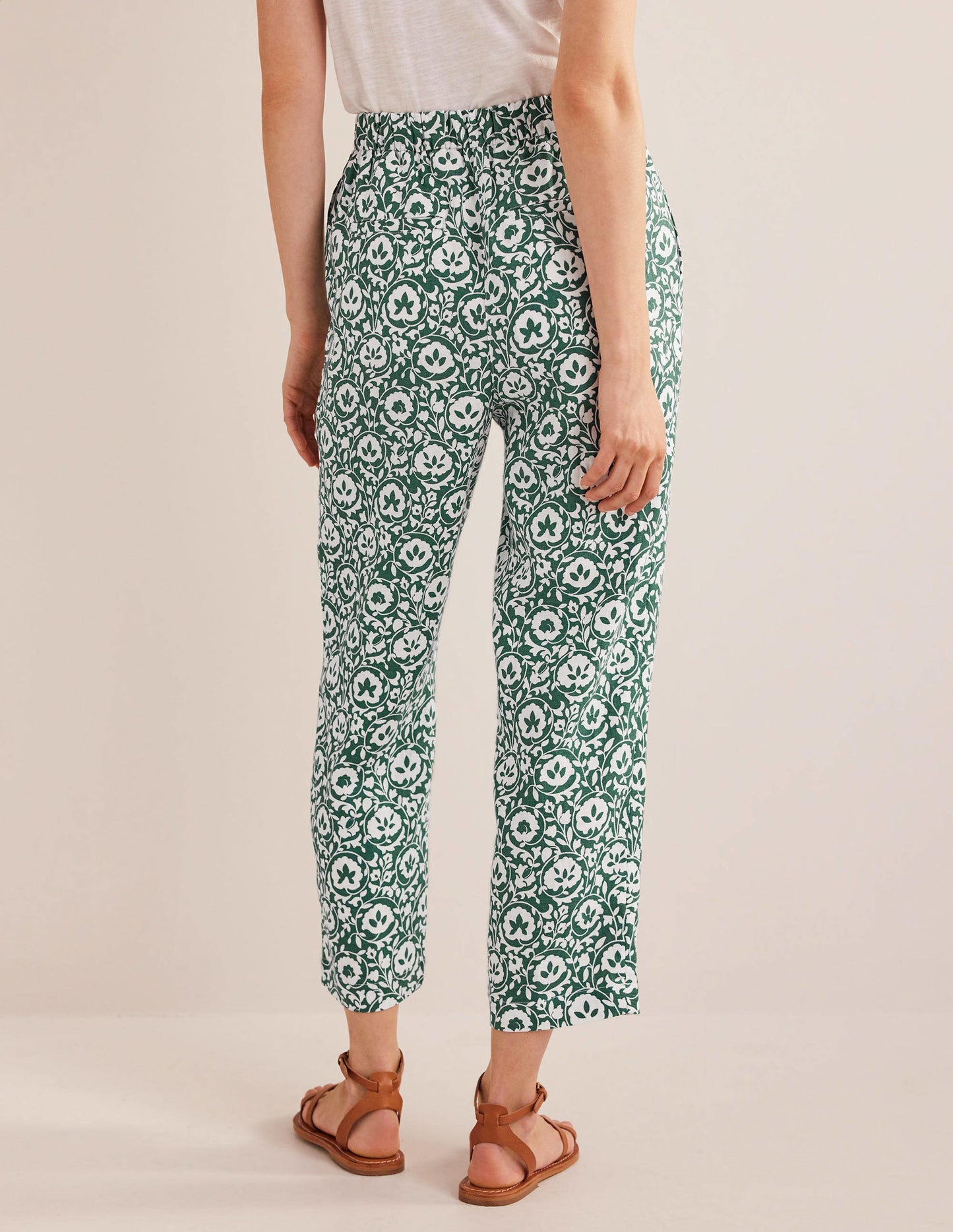 Pull-on Linen Trousers-Green, Enchanting Bloom