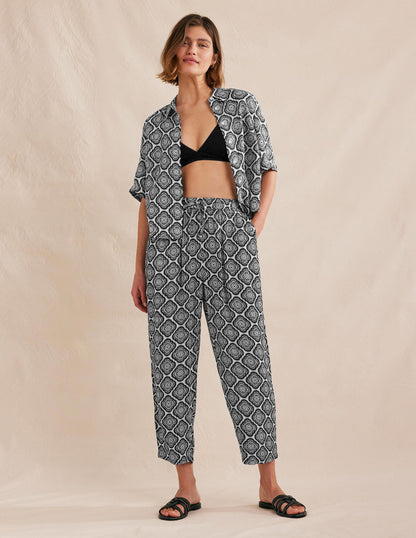 Crinkle Tapered Trousers-Black, Botanic Blush-1