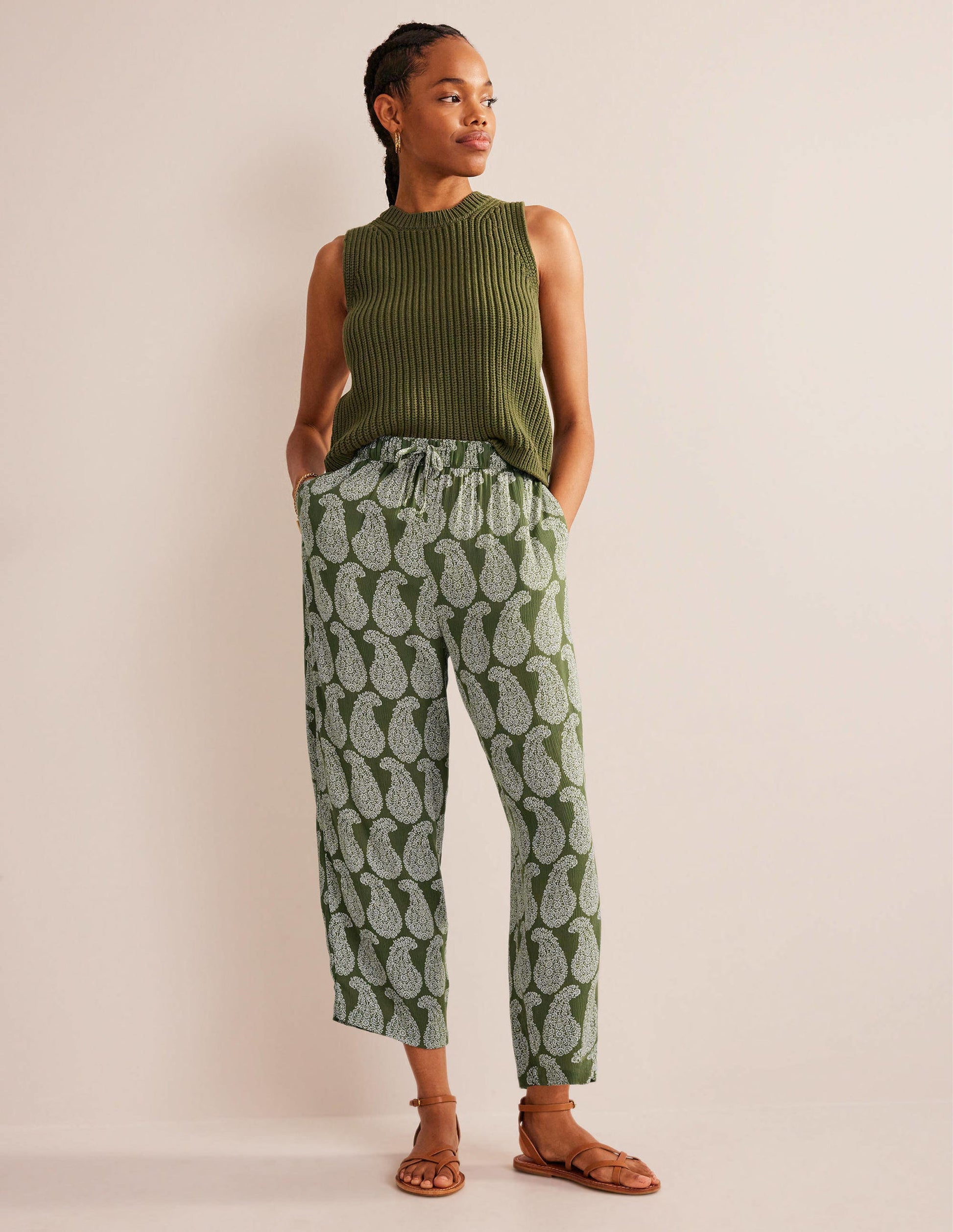 Crinkle Tapered Trousers-Spruce, Sweet Paisley-1