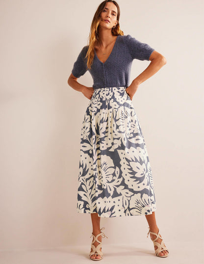 Pleated Cotton Midi Skirt-Sapphire, Oak Terrace