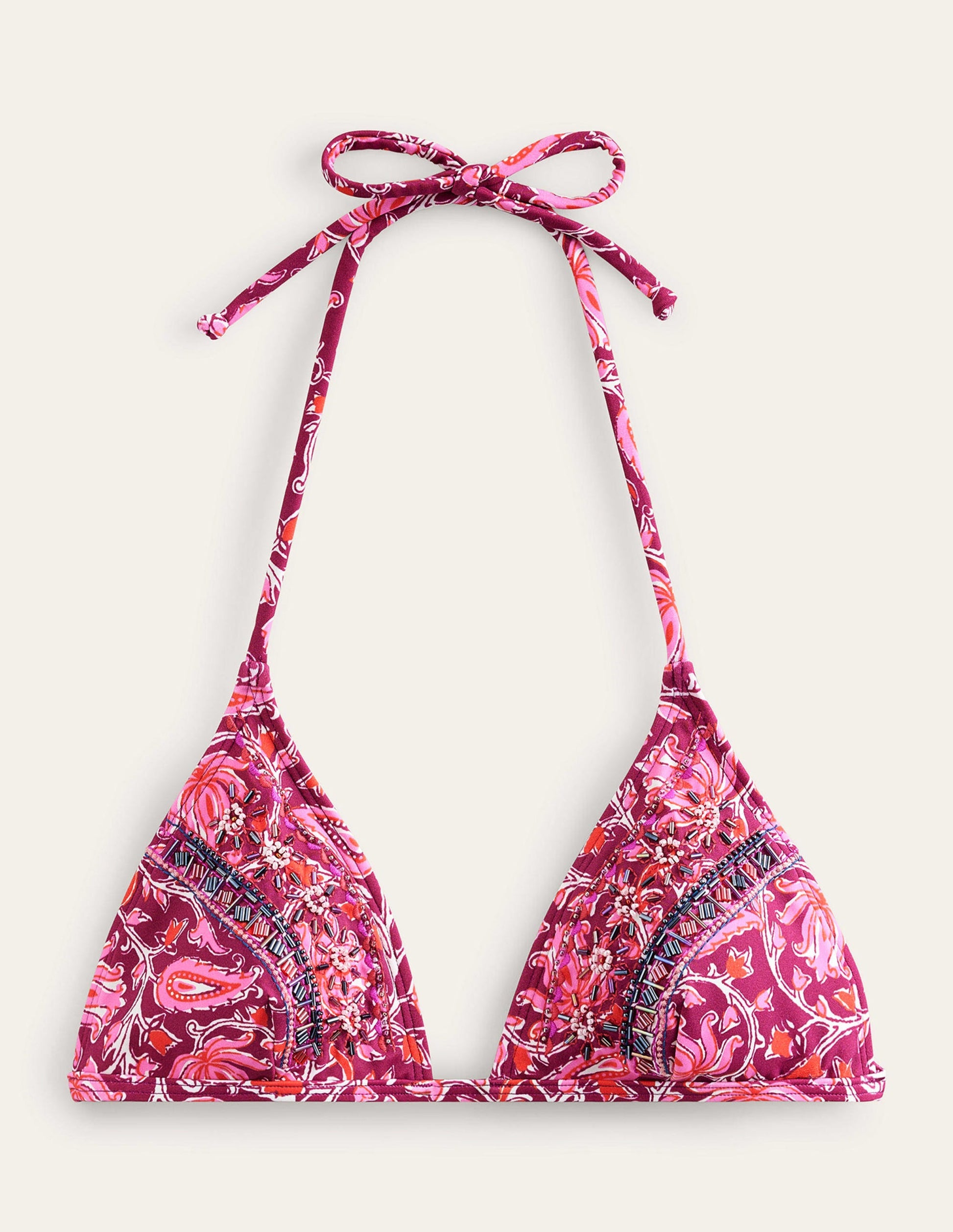 Bead Embellished Bikini Top-Raspberry Pink, Botanic Vine-7