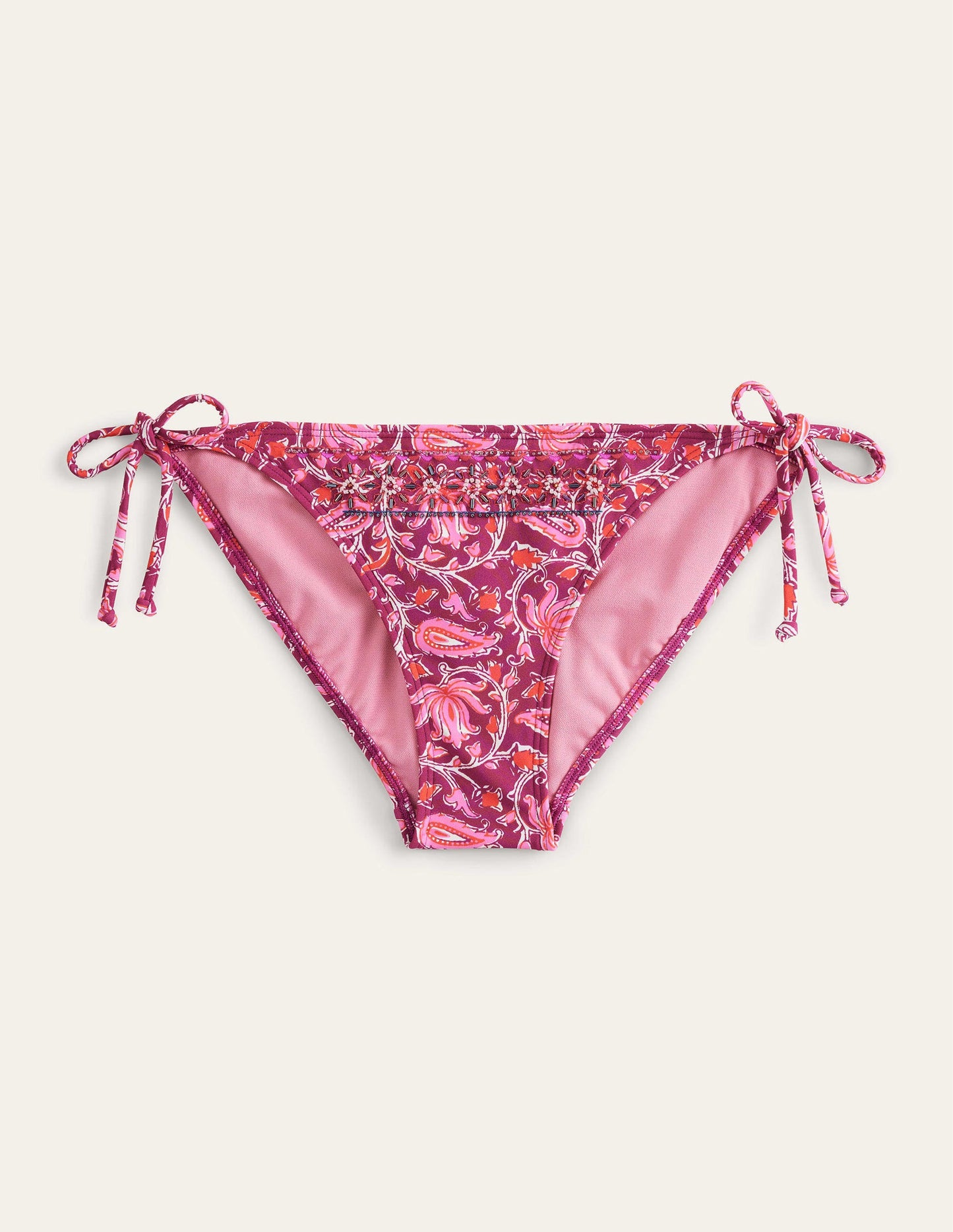 Bead Embellished Bikini Bottom-Raspberry Pink, Botanic Vine