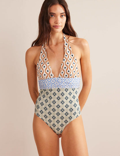 Bow Detail Halter Swimsuit-Multi, Geo Trance-4