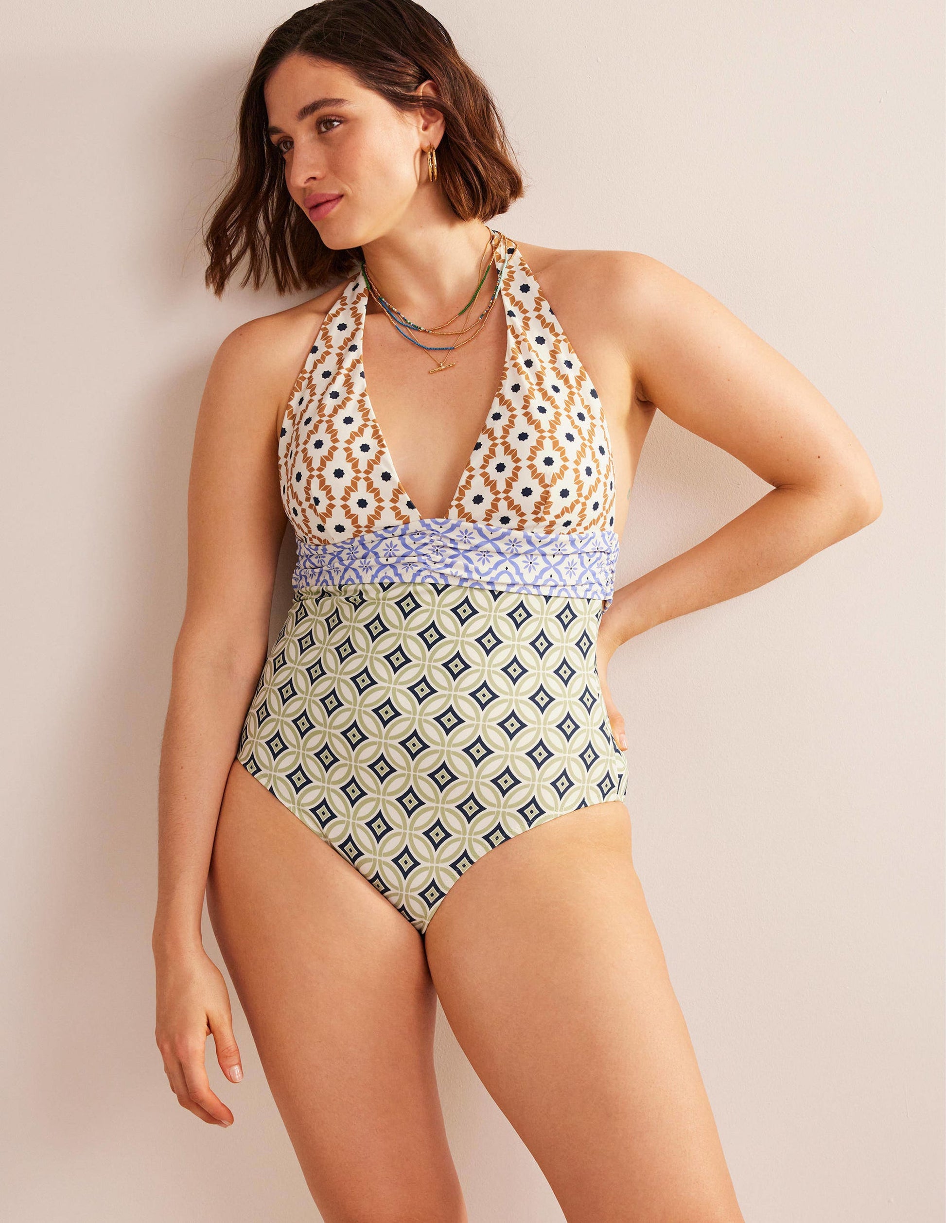 Bow Detail Halter Swimsuit-Multi, Geo Trance-5