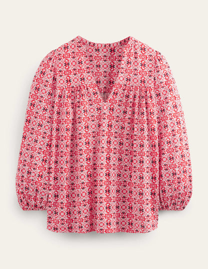 Printed Notch Neck Top-Red Tile Geo-5