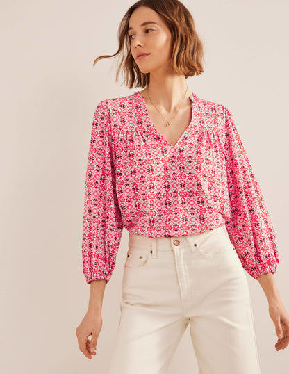 Printed Notch Neck Top-Red Tile Geo-1