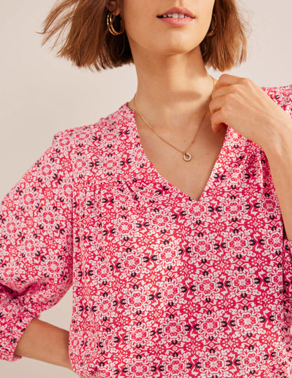 Printed Notch Neck Top-Red Tile Geo-2