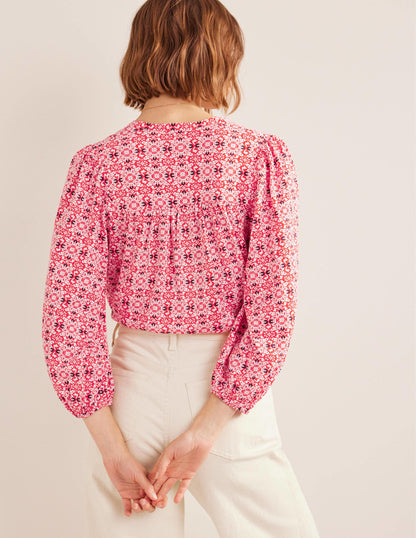 Printed Notch Neck Top-Red Tile Geo-3
