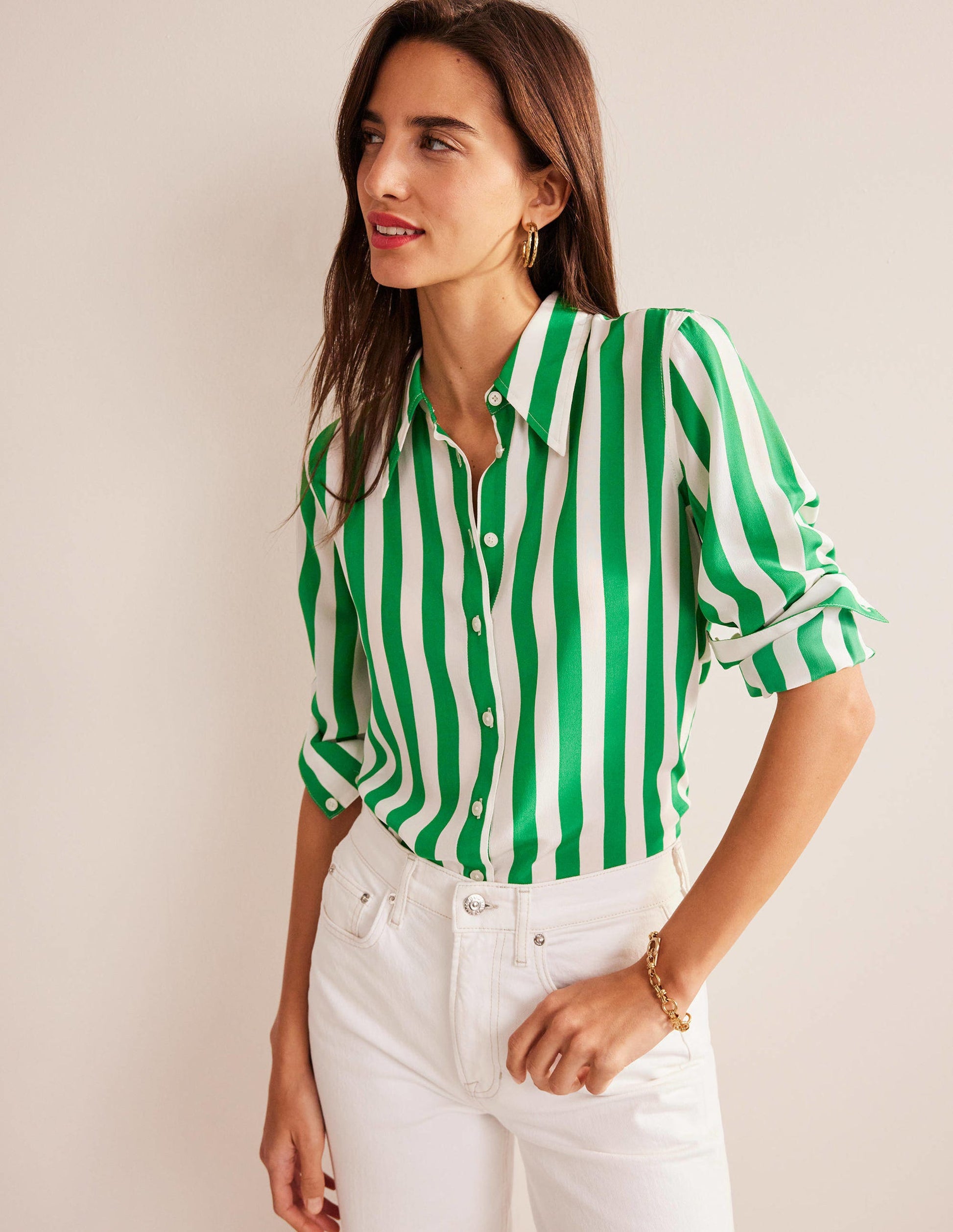 Silk Shirt-Rich Emerald and Ivory Stripe-4