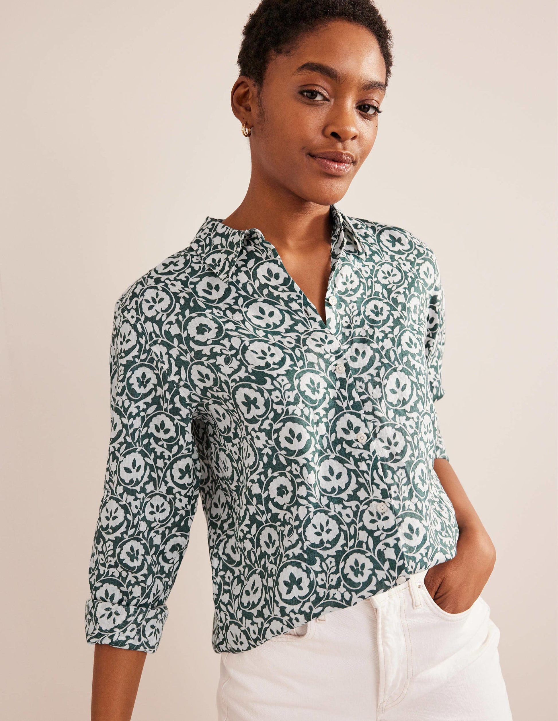 New Linen Shirt-Green, Enchanting Bloom-1