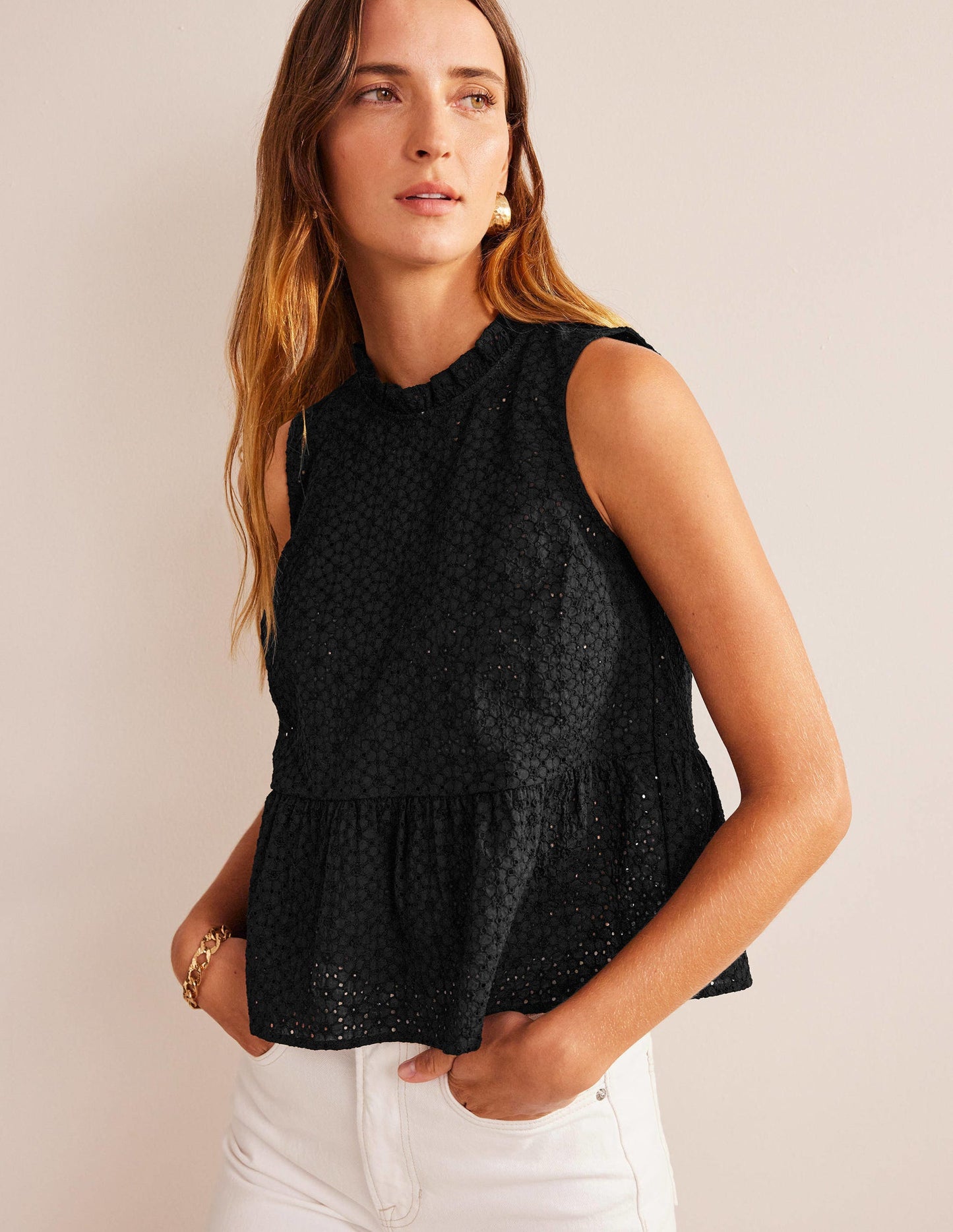 Broderie Peplum Top-Black