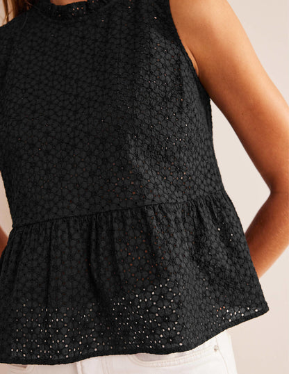 Broderie Peplum Top-Black-2