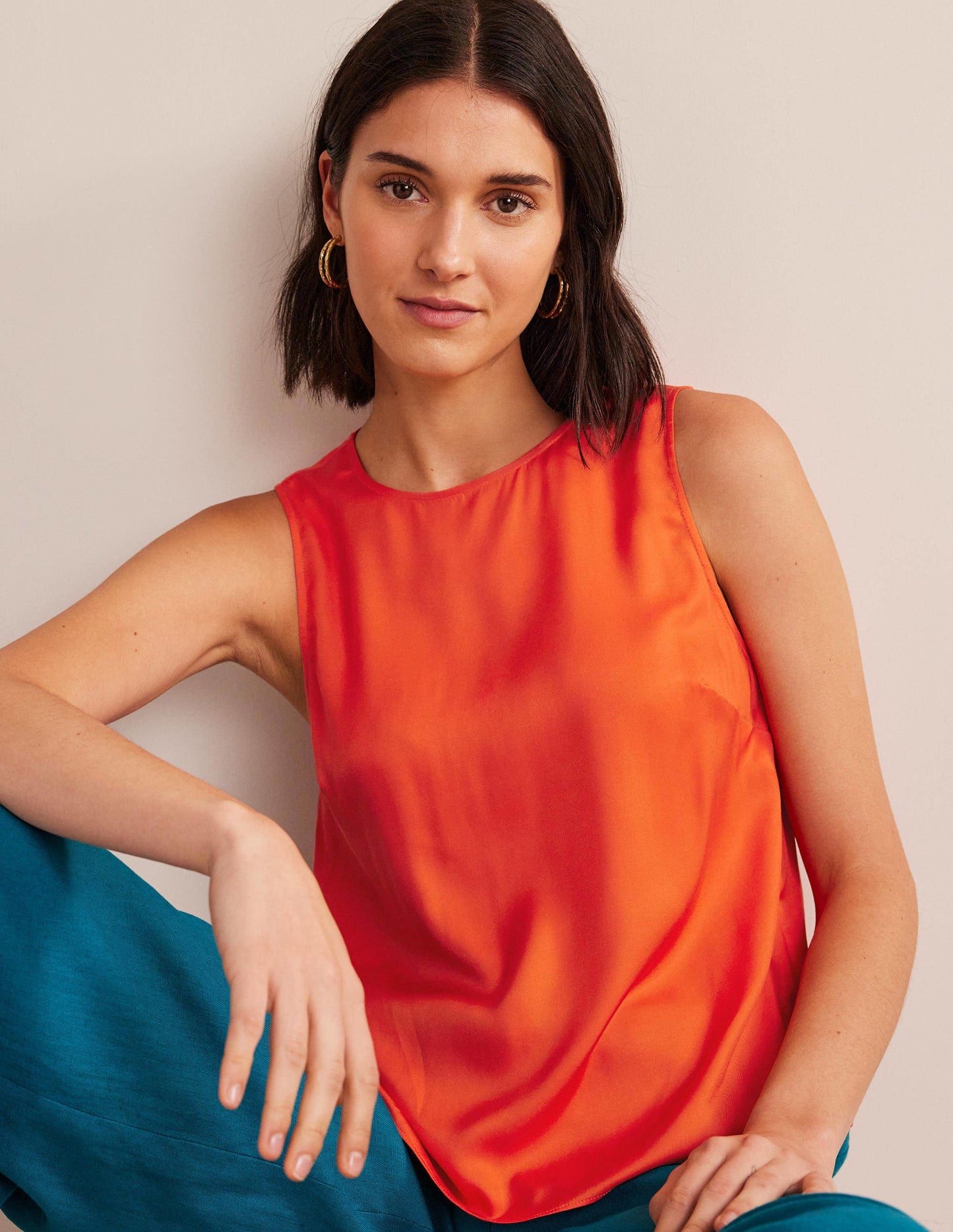 Silk Blend Shell Top-Vermillion Red