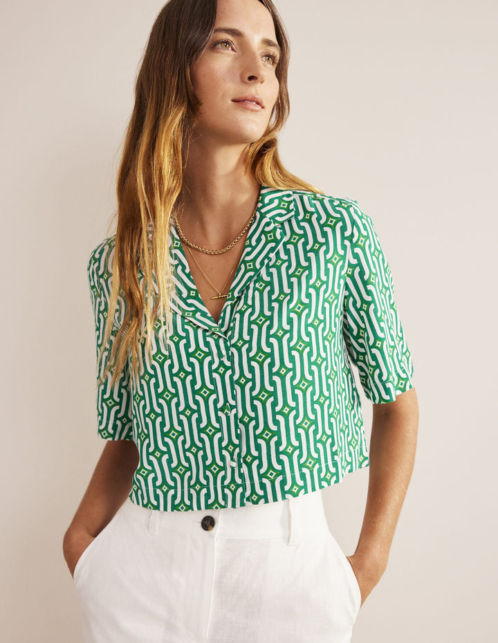Cropped Revere Shirt-Green, Azure Geo