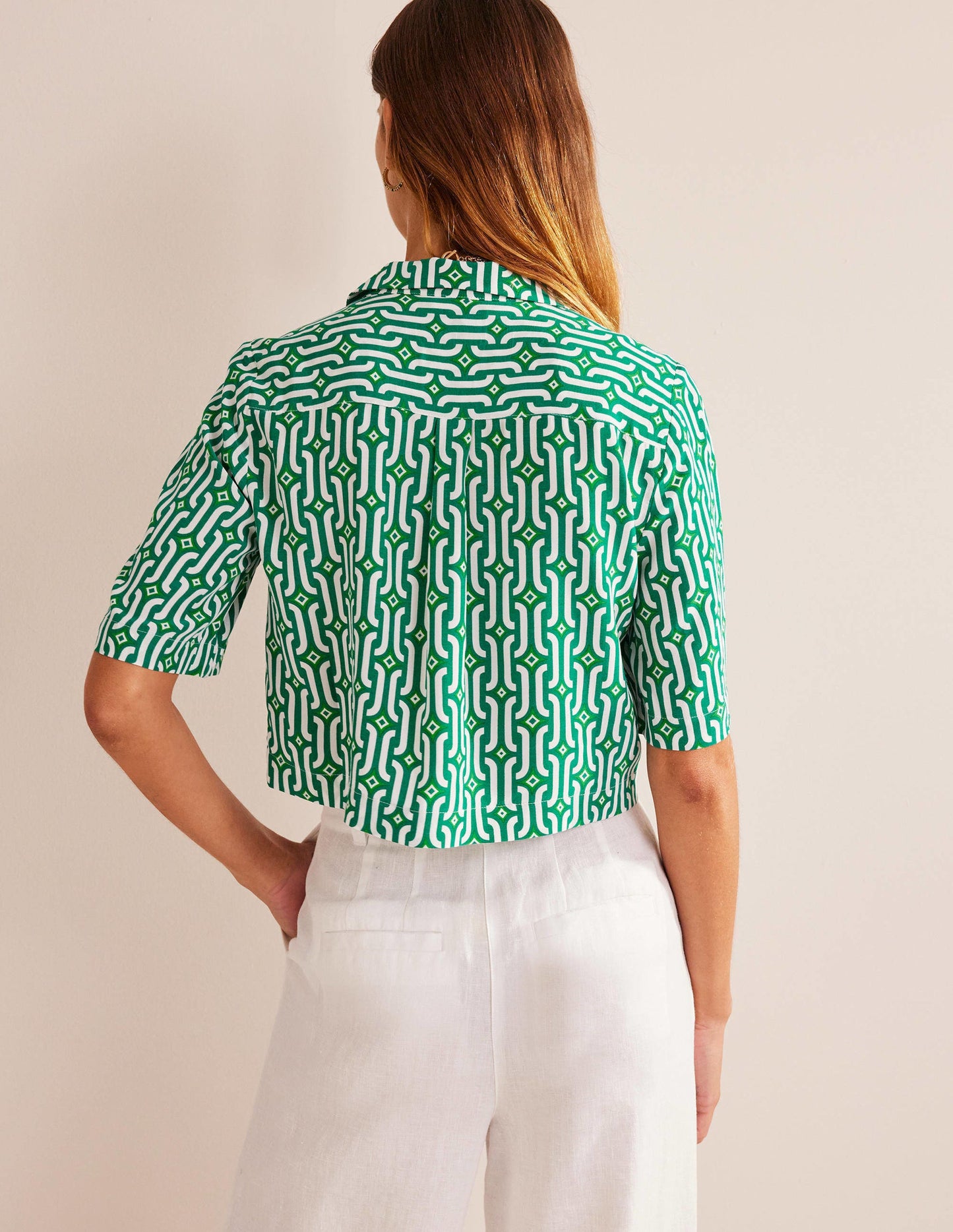 Cropped Revere Shirt-Green, Azure Geo