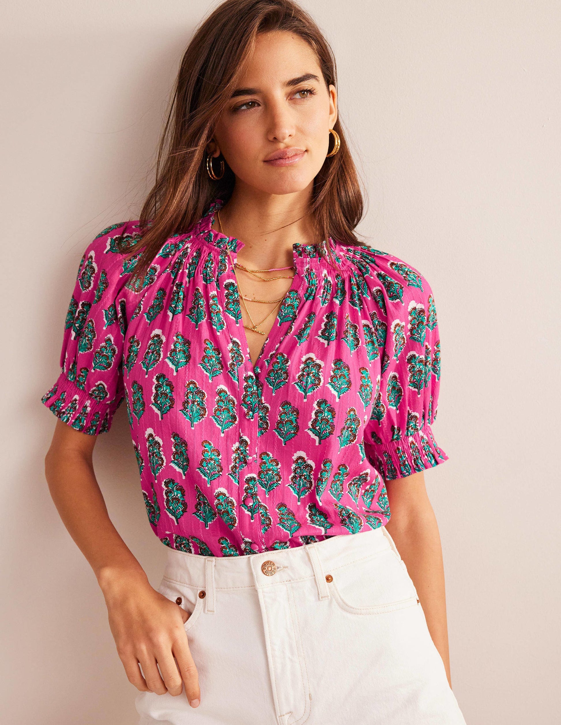 Smocking Detail Pretty Top-Festival Pink, Artisan Bloom-1