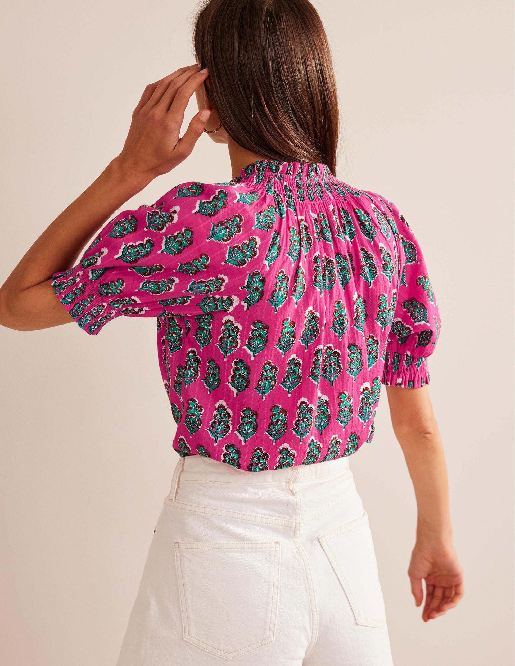 Smocking Detail Pretty Top-Festival Pink, Artisan Bloom-3
