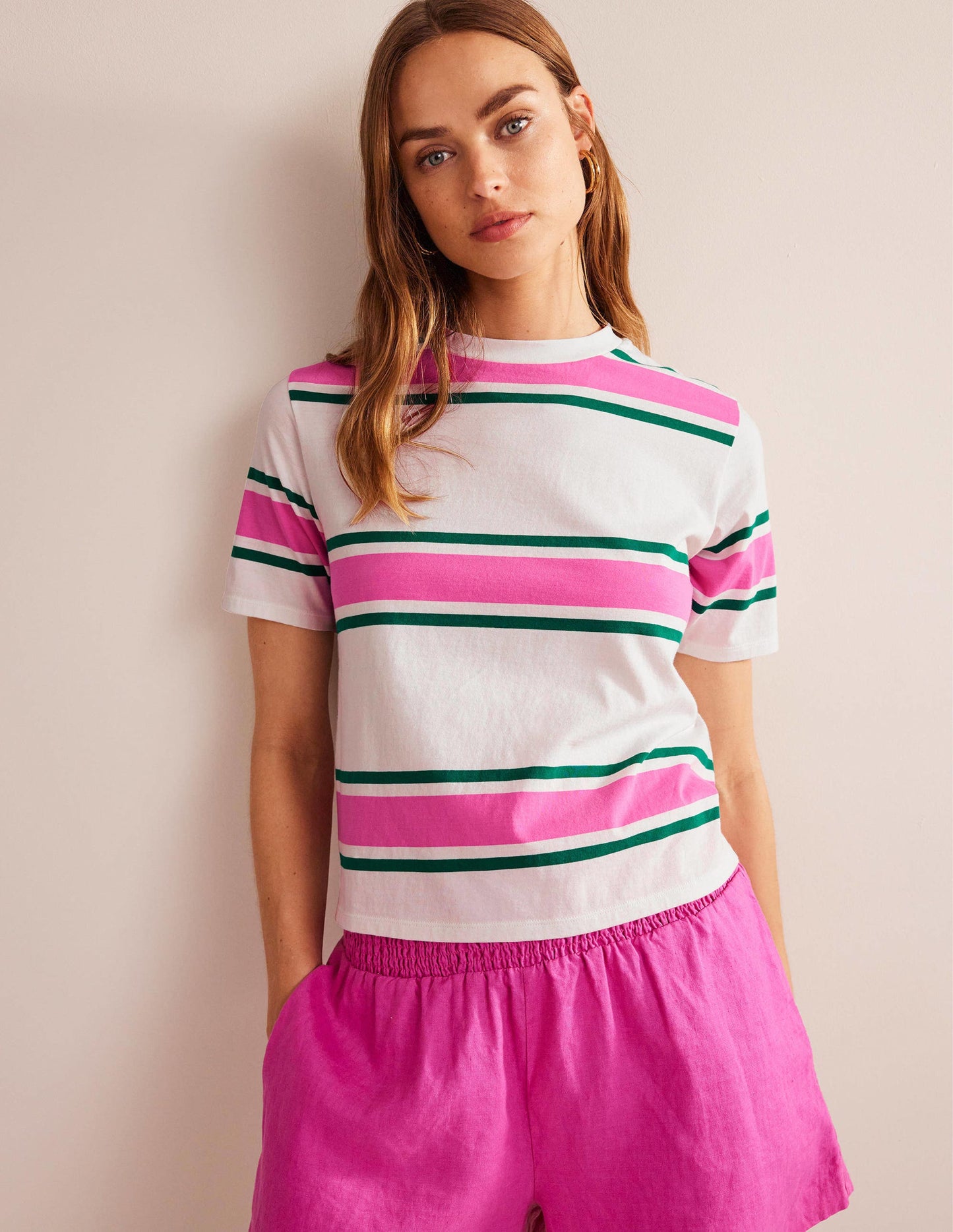 Boxy Stripe T-Shirt-Festival Pink/Bright Emerald