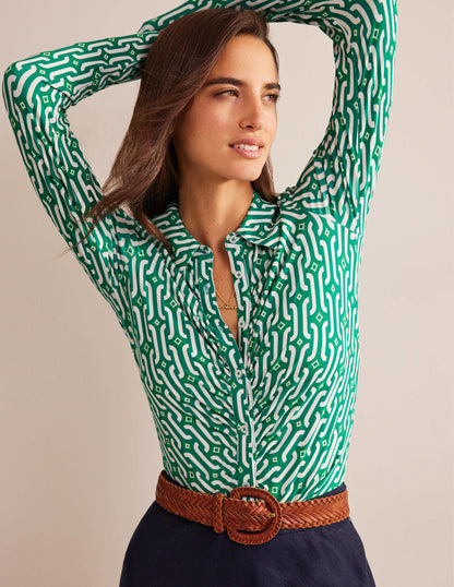 Printed Jersey Shirt-Bright Emerald, Azure Geo