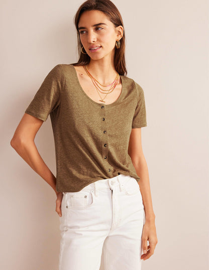Scoop Neck Linen T-shirt-Camel-1