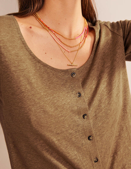 Scoop Neck Linen T-shirt-Camel-2