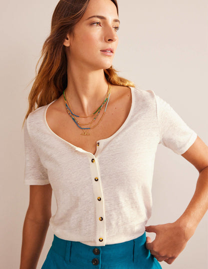 Scoop Neck Linen T-shirt-Ivory-1