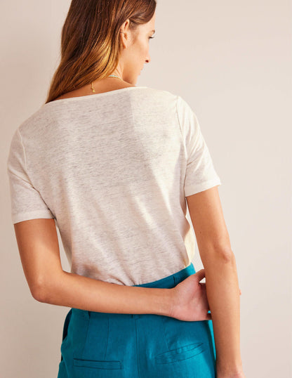 Scoop Neck Linen T-shirt-Ivory-3