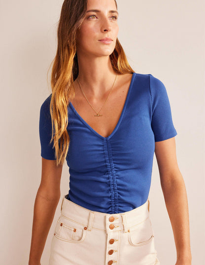 Ruched Front Rib T-shirt-Sapphire-1