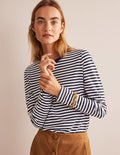 Pure Cotton Long Sleeve Top-Ivory, Navy