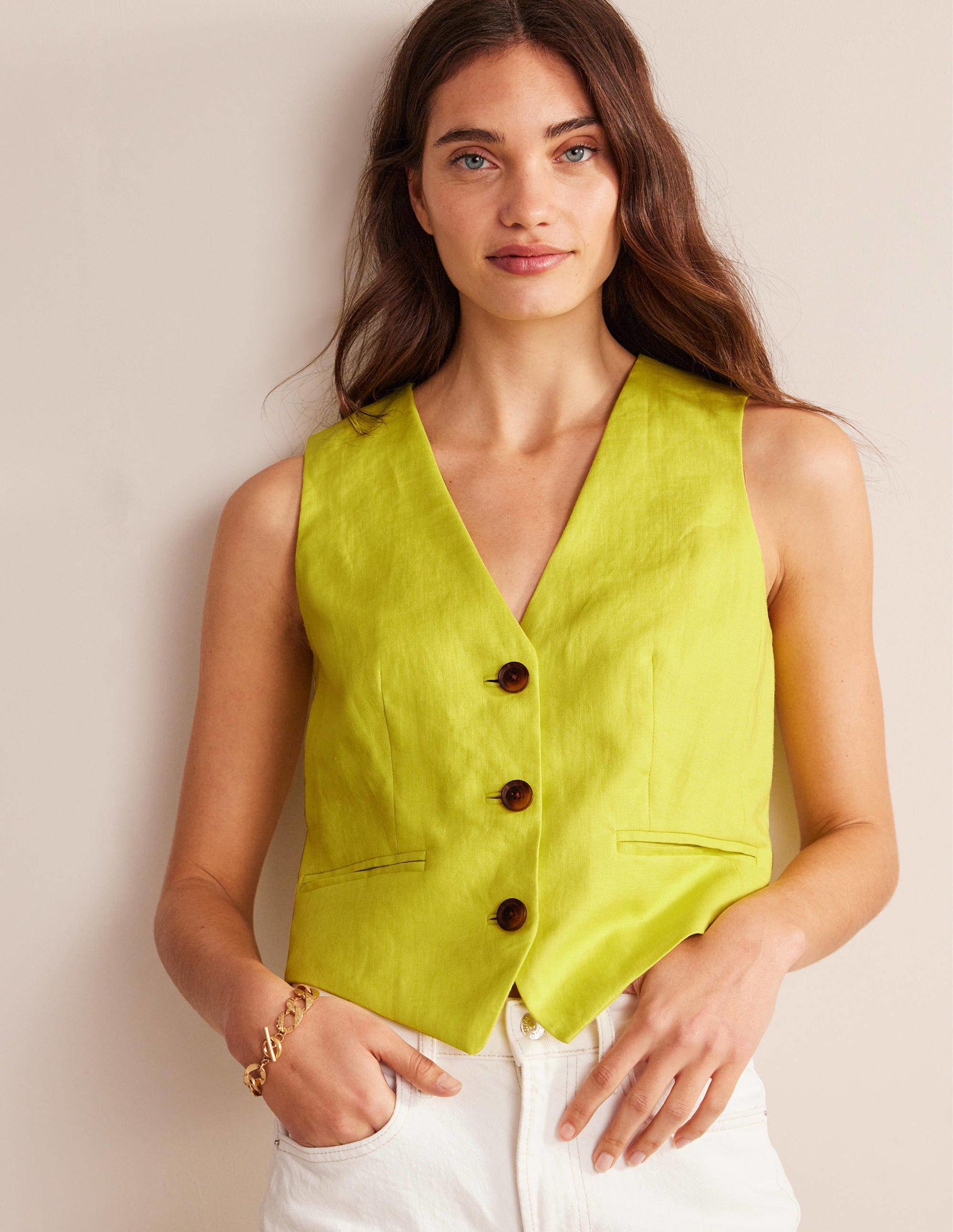 Linen V-Neck Waistcoat-Citrus-1