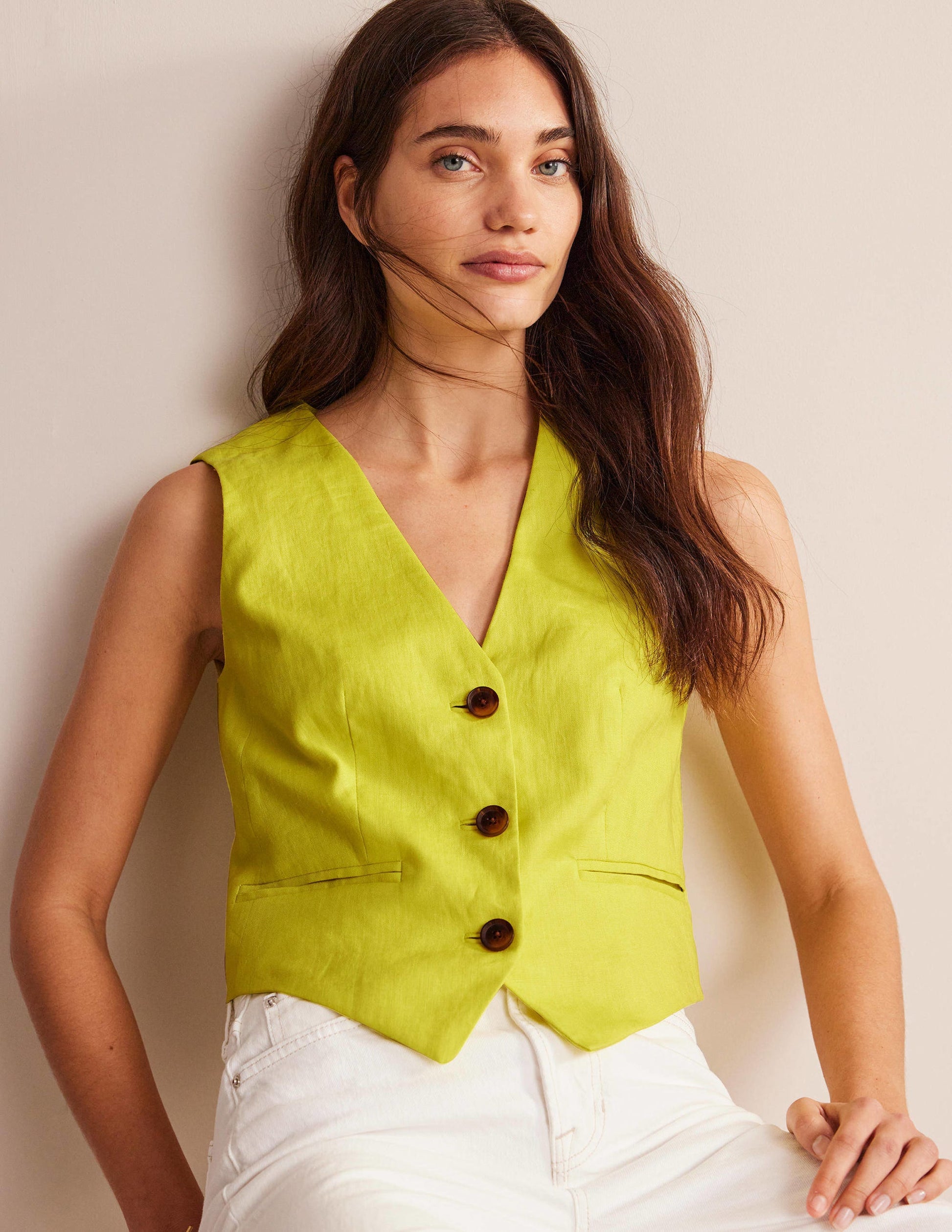 Linen V-Neck Waistcoat-Citrus-4