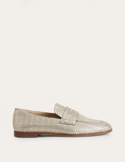 Woven Leather Loafers-Gold Weave Effect Leather-1