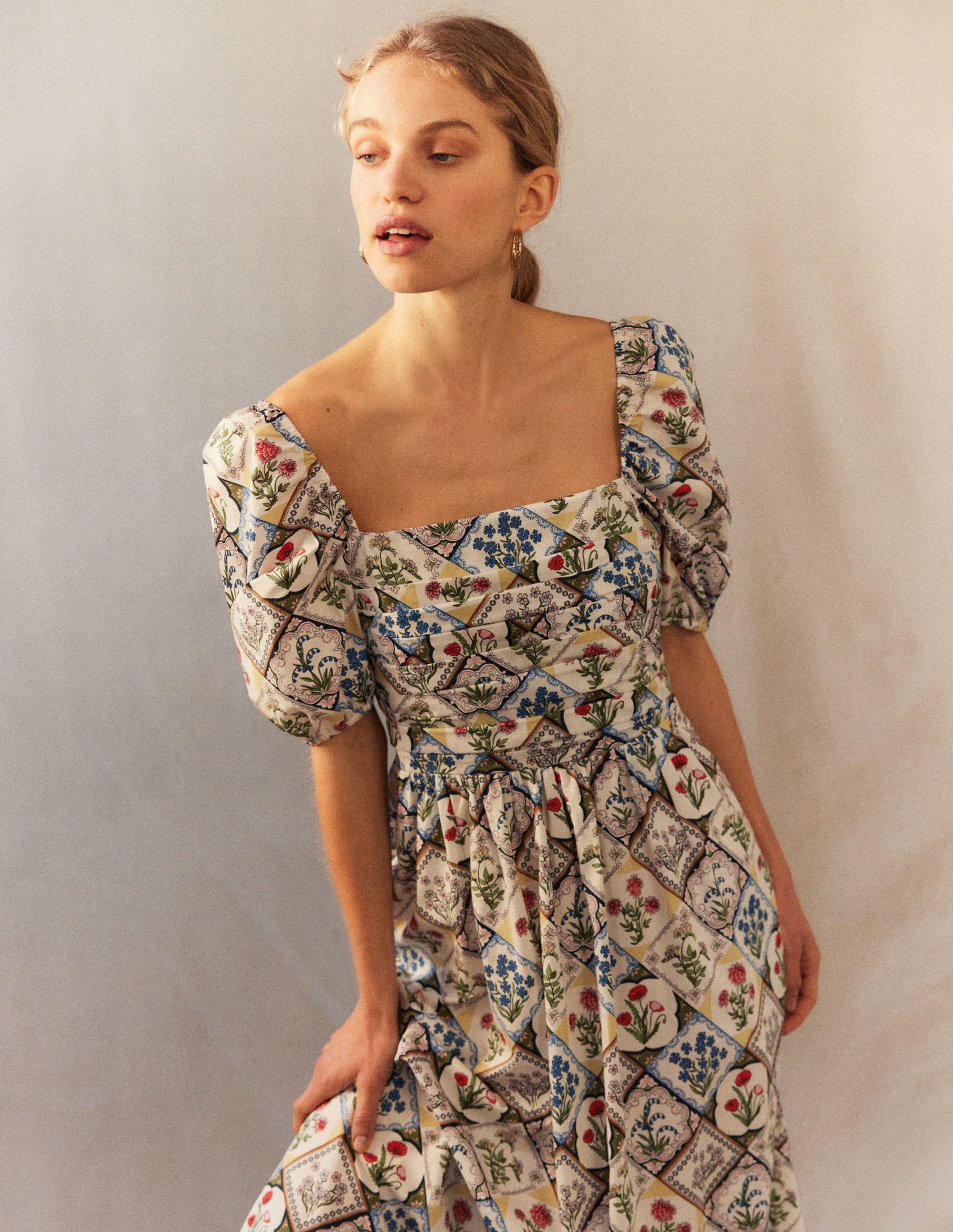 Ruched Bodice Midi Dress-Ivory, Wild Bluebell - Image 5